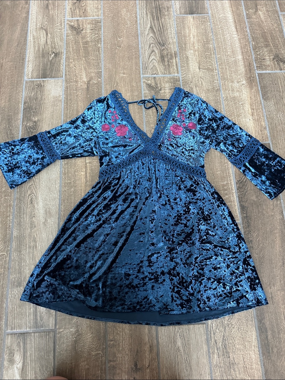 Crushed Velvet Navy Mini Dress with Pink Floral Embroidery